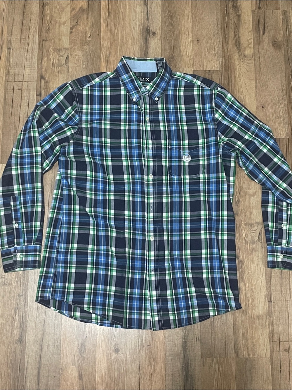 Chaps Men’s Plaid Easy Care Button Down Shirt Blue Green Size M
